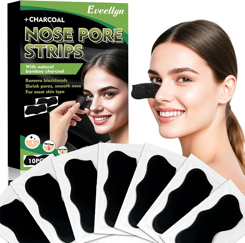 Eveellyn Mitesserentferner Stripes, Natürliche Bambuskohle Mitesser Strips, Zum Entfernen von Mitessern und Zum Freimachen verstopfter Poren, Für Männer und Frauen 10 Stück