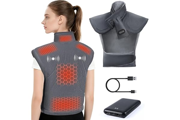 Arlierss Coussin Chauffant pour Cou Dos Épaules avec Batterie 10000mAh, Coussin Chauffant Électrique avec 3 Niveaux Réglage Température & 3 Modes de Massage, Fonction D'arrêt Automatique
