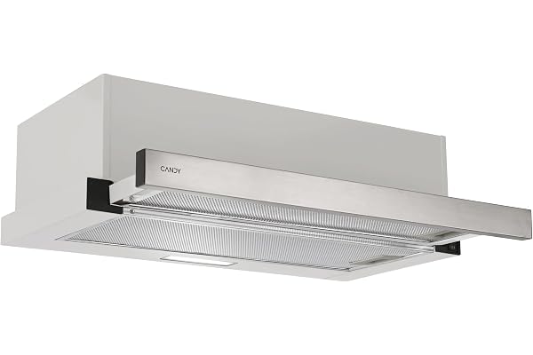 Candy CBT6130/3X Hotte télescopique 60 cm, 2 niveaux de puissance, 125 W, 264 M3/H, filtres à carbone, panneau aluminium anti-graisse, éclairage LED, 53/60 dB, classe B, acier inoxydable