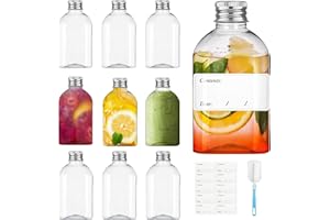 JETOP 10pcs 4oz Plastic Juice Bottles with Lids Reusable Empty Clear Bottles for Juicing Smoothies Sloe Gin 100ml Small Plastic Bottles with Label And Brush Mini Fridge Bottles for Mini Fridge