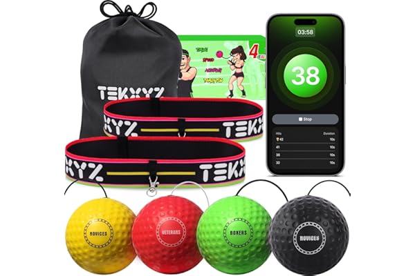Tekxyz Pack Familial balles de Boxe avec Bandeaux pour entraînement des réflexes | 2 Bandeaux réglables + 2 balles débutant + 1 Balle vétéran + 1 Balle pour Boxeur et Plus