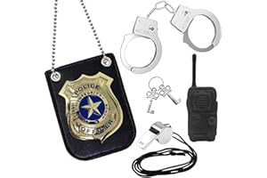 RAFIYU Manette Giocattolo Bambini, Accessori costume polizia, Set di accessori della polizia, Police Manette con Chiavi, Distintivo Polizia, Set Manette Giocattolo Bambini per Cosplay e Carnevale