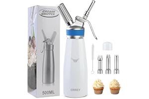ERWEY Sahnespender 500ML, Sahnesyphon Aluminium, Sahnesprüher Auslaufsicherer Einfach Reinigen mit 3 Tüllen und 1 Reinigungsbürsten, Schlagsahne Spender für Küche Party Desserts