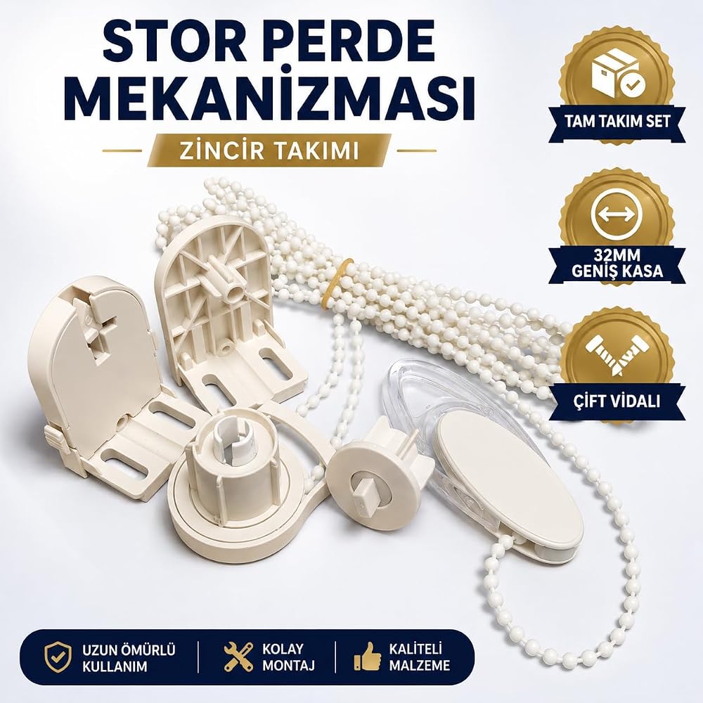 Stor Perde Mekanizması 32mm Geniş Kasa Çift Vidalı Takmatik Zincir Takımı Tam Set Zebra Perde Mekanizması