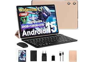 BIEGEDY Tablet 10 Pulgadas Android 15, 20GB RAM + 128GB ROM (TF 2TB), Octa-Core, Widevine L1, GMS, 5G+2.4G WiFi 6, 5 + 8 MP, 6000mAh, Bluetooth 5.0, Tablet con Teclado y Raton - Oro