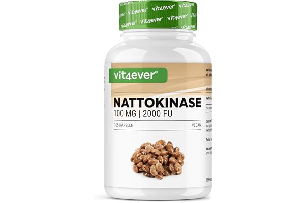 vit4ever Nattokinase - 365 Gélules de 100 mg chacune (20 000 FU/g) - Réserve de 12 Mois - Fortement Dosée - Végane - sans Additifs Indésirables