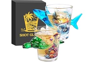 LKKCHER NOVELTY Lot de 2 Verres à Shot en Verre Tortue et Requin, Série Océan Verres à Liqueur, 50 ml avec Coffret Cadeau, pour Whisky, Brandy, Vodka, Tequila et Dessert, Cadeau de Anniversaire, Mariage, Vert et Bleu