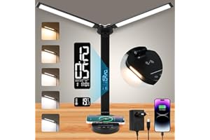 LIYABBER Lampa Biurkowa z Zegarem LED ściemnialna Dotykowa Lampa Stołowa z Bezprzewodowym Ladowaniem, Lampa Nocna z Podwójną Głową Ochroną Oczu z Portem Ladowania USB, Lampa do Czytania z Funkcją Czasu