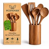 ECONOVAX 100% Natural Teak Wood Kitchen Utensils - Set of 6 with Stand - Non-Stick Spoons, Spatulas and Ladles for Frying Pan