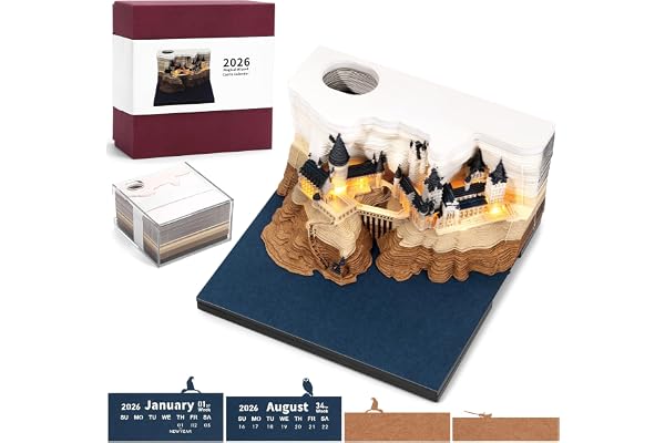 RuiDay Calendrier 2026, Calendrier de Bureau 3D, avec lumière LED, Calendriers créatif en forme de château magique, Bloc-notes en papier, Décoration d'intérieur Cadeau (Château)