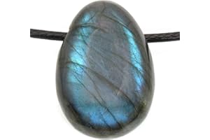 LAKADA Véritable pendentif en labradorite en forme de goutte avec ruban en coton ciré - Pierre de tambour percée - Fermeture rotative en acier inoxydable