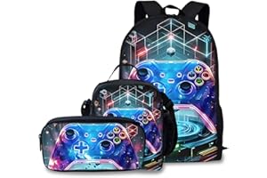 Joalpysm 3-Piece Gaming Backpack, Backpack Set with Controller Print, Cool Black Gaming Daypack & Crossbody Bag, Large Capacity School Bag Waterproof Laptop Backpack for Students & Gamers