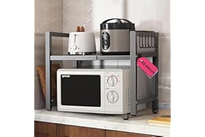 RUSPELA Mensola Microonde Scaffale da Cucina, Estensibile Mensola a 2 Livelli per Risparmio Spazio in Cucina in Metallo, con 6 Ganci, Organizer da Cucina, Organizer per Microonde