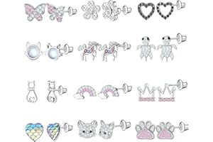 jagosen 12 Paar Ohrringe Mädchen Sterling Silber Ohrringe Set für Damen Kinder Hypoallergene Cz Bunt Katzen Pferde Ohrringe Regenbogen Ohrstecker für Teenager MäDchen Kleinkind