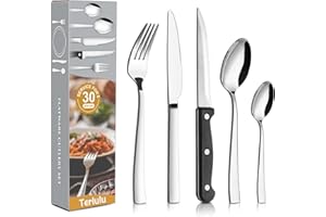 TERLULU 30 Piece Cutlery Sets with 6 Piece Steak Knives, Stainless Steel 30-Piece Silver Cutlery Flatware Set, Dinnerware Fork Knife Spoon Set Service for 6, Mirror Finished & Dishwasher Safe