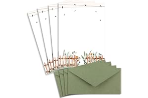 GLÜXX AGENT Set di 50 fogli per lettere, formato DIN A4, carta naturale in color crema con fiori, con buste in formato DIN lungo, in carta kraft verde, carta da lettere stampabile, ideale per inviti di matrimonio