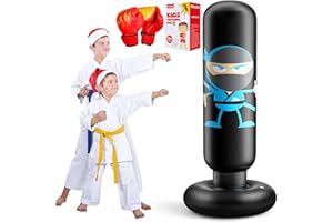 EQARD Sac de Boxe Enfant Ninja Design Gonflable Sac de Frappe avec Gants de Boxe 160cm Sac de Frappe avec Support Rebond Instantané pour S'entraîner au Karaté Taekwondo MMA Cadeaux Noel Enfant