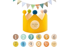SREBIWO Birthday Crown Girl and Boy Made of Muslin with Birthday Banner, Birthday Crown for Children, Crown Made of Button Numbers from 0-9, Crown Birthday Boys Girls for Children's Birthday (Yellow)