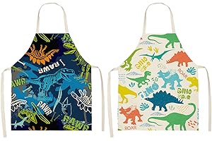 TOYHOOD 2Pcs Colourful Kids Aprons, Cartoon Dinosaur Child Chef Aprons, Dinosaur Forests Print, Chef Artist Cooking Aprons, for Kids Toddler Painting Cooking Baking Party