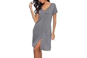 YUKIUINY Camisón Lactancia Pijamas Verano Mujer Premamá Algodon Sexy con Cuello en V Botones Manga Corta Camisones Suave Ropa de Dormir Clásico