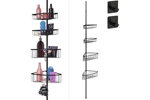 smartpeas Telescopico – Mensola doccia senza forare – 4 cesti – Misura regolabile: da 76 a 280 cm – Estremità gommate – acciaio verniciato a polvere in nero – Plus : 2 ganci autoadesivi