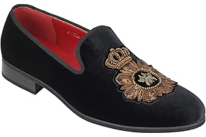 Xposed Mens Velvet Loafers Bee & Crown Embroidered Motif Vintage Dress Shoes Slip on Slippers