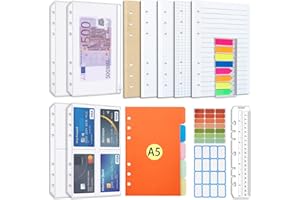 Set di ricarica di carta AQTAQ A5, foglietti adesivi ricaricabili A5 a 6 fori, 100 fogli/200 pagine, divisori colorati, foglietti adesivi colorati, righello raccoglitore ad anelli a 6 anelli
