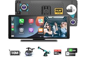 VTOPEK Wireless Carplay Android Auto Car Stereo Car Play with 2.5K Dash Cam Apple Carplay Screen 10.26 inch HD Touchscreen Car Radio Dual Bluetooth Waterproof Rear View Camera Mirror Link AUX FM 64G SD Card