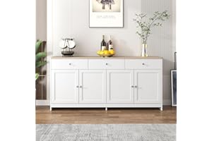 KeepGoon Aparador de buffet, con vetas de madera blanca, cuatro puertas, versátil con espacio de almacenamiento, con tres cajones, pecho de dibujos, perfecto para salón, comedor, cocina