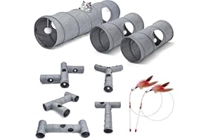 Odoland Large Cat Play Tunnels, 3 Straight Tunnel DIY Collapsible Cat Tunnels Toy Cool Linen Pet Tunnel Tube for Indoor Cat Puppy Kittens Rabbits with Interactive Feather Wand & Suspended Ball-110cm