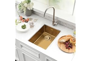 Gold Small Kitchen Sink, 30X40CM Small Sink 304 Stainless Steel Single Bowl, BoomHoze Outdoor Campervan with Overflow, Drainer Fittings, Undermount, Top Mount, Drop in Flushmount Installation, Gold