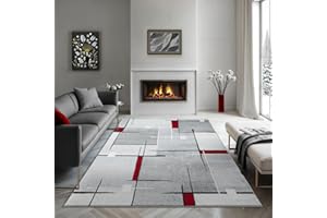 the carpet Pearl Nowoczesny dywan z krótkim włosiem, do salonu, sypialni, cięcie konturowe, geometryczny wzór, w kratę, szaro-czerwony, 140 x 200 cm