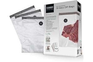 ‎CASO CASO Vacu ZIP-Bags 26x35 cm, 20 Beutel, SousVide geeignet, BPA Frei, mit 150 µm besonders stark, reißfest, wiederverwendbar, für CASO (Hand)-Vakuumierer mit ZIP-Adapter, inkl. Food Manager Sticker