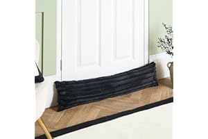 OHS Draught Excluder for Doors Ribbed Fur Decorative Wind Stopper for Doors Cold Air Under Door Stop Cushion Noise Blocker for Bottom of Door, Black - 20 x 90cm
