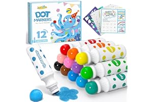 JUPITEARTH 38 PCS Dot Markers for Toddlers, 12 Colors Washable Bingo Daubers with 120 PDF & 24 Printed Activity Papers 2 Stencils, Non-Toxic Dot Paint for Toddler 1-3, Markers for Kid Arts and Crafts