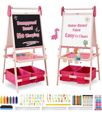 Cavalletto Artistico Per Bambini RELAX4LIFE - Regolabile In Altezza, Doppia Faccia Con Lavagna Bianca/Gessetto, Rotolo Carta, Vassoi E Accessori - Gioco Educativo