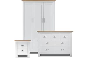 Blisswood 3 Piece Bedroom Furniture Set With 3 Door Wardrobe & 4+3 Drawer Chest of Drawer + 2 Drawer Bedside Table Cabinet for Bedroom Storage Furniture (White & Oak)