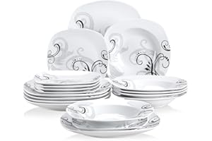VEWEET 'Zoey' 18-Piece Dinner Set Ivory White Tableware Set Black Decals Porcelain Plates Set of 9.75" Dinner Plate, 7.5" Dessert Plate, 8.5" Soup Plate for 6