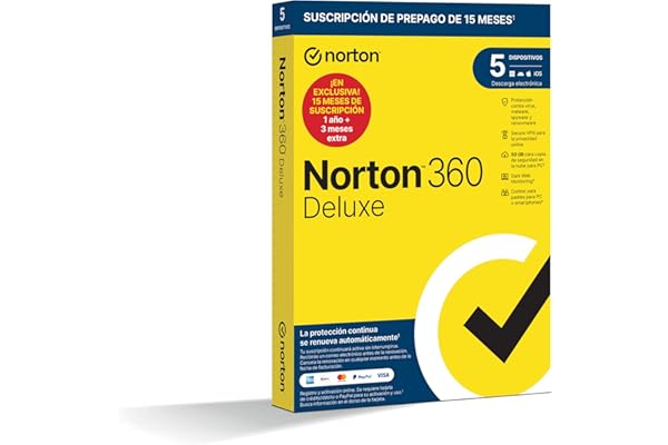 Norton 360 Deluxe 2026 - Antivirus Software para 5 Dispositivos y 15 Meses de Suscripción con Renovación Automática, Secure VPN y Gestor de Contraseñas, para PC, Mac Tableta y Smartphone