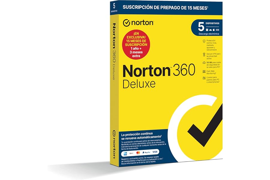 Norton 360 Deluxe 2026 - Antivirus Software para 5 Dispositivos y 15 Meses de Suscripción con Renovación Automática, Secure V