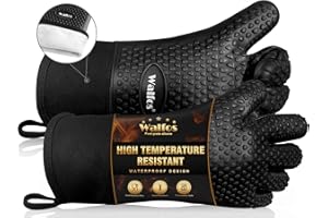 Walfos Oven Gloves, Silicone Oven Gloves with Fingers Heat Resistant up to 500°F, Non-Slip & Waterproof BBQ accessories for Barbecue Grilling Weber Pizza Microwave, Black