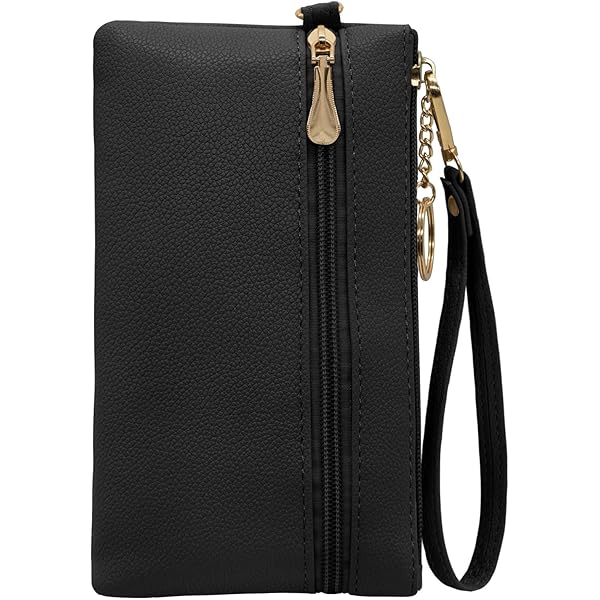 FuninCrea Pochette Da Polso Donna In Pelle Con 3 Tasche Cerniera - Portafoglio E Borsa Per Cellulare, Nero