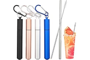 PECEWLOS 4PCS Pajitas Telescópicas de Acero Inoxidable, Longitud de hasta 23 cm, Pajita Para Llevar Con Carcasa De Metal y Llavero, Cepillos De Limpieza (Azul+Plata+Negro+Or)…