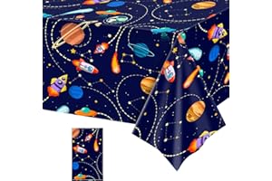 Paready 1 Pack Outer Space Tablecloth, Solar System Table Cover, Space Table Cloths for Planet Theme Party, Space Tablecloth with Planet Rocket Design for Boys Girls Birthday Supplies 54" x 108"