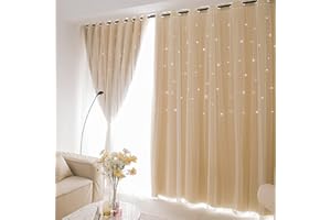 Lanqinglv Star Blackout Curtains with Nets,Beige Star Panels Nursery Double Layer Window Curtains for Kids Girls Room Bedroom Living Room Decoration,2 Panels,W 52 in x L 63 in