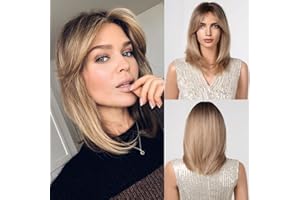 Allbell Perücke Blonde Perücken für Frauen Kurze geschichtete synthetische Perücken mit Bangs Blondes Haar mit dunklen Wurzeln…