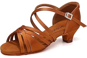 Uonpie Latin Ballroom Dance Shoes Open Toe for Girls Salsa Practice Dance Shoes 1 1/2 Inch Heel