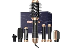 OKWRAP 6 en 1 Cepillo Secador De Pelo, Cepillo de Aire Caliente Secador Moldeador Alisador set 6 Cabezales Intercambiables, 3 Temperaturas,Moldeador Pelo With Riza, Da Volumen, Alisa y Seca
