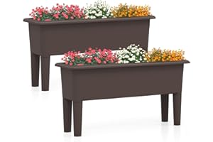 COSTWAY Fioriera in Plastica da Esterno, 2 Vasi da Giardino Rialzati con Gambe Rimovibili & Foro di Drenaggio, Letto da Giardino Rialzato per Verdure, Frutta & Erbe (Marrone)