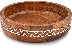 Samhita Mango Wood Round White Decorative Bowls for Rustic Home Decor Table Centerpieces Home Party Wedding Décor (25.4cm x 25.4cm x 6.35cm)
